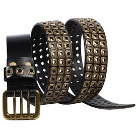 Punk Belt for Men Women Cowhide Leather Belts with 3 Grommet Retro Studded Metal Rivet Casual Belt for Rock Rap Jeans Dresses (Black+Bronze, 45.3 30" to 36" Waist Adjustable)