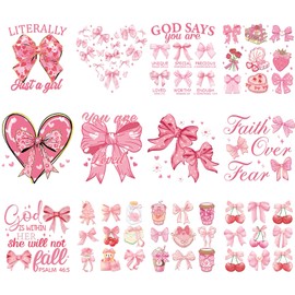 Dazoratix Bow Iron on Transfers - 12 Sheets Pink Ready to Press Heat Transfer Stickers for T-Shirts DIY Crafts Women Girls Clothing Decals Pillow Bag Appliques Clothes Decorations Washable Patches
