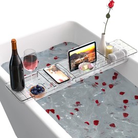 Bathtub Tray Caddy, Bath Tray for Tub Bathroom, Expandable Tub Tray for Bathtub, Clear Bath Table, Plastic Tub Shelf for Bathtub Holiday, Anniversary and Wedding Gifts for Couple, Bridal Shower