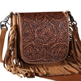 Montana West Genuine Leather Tooled Fringe Crossbody Bag with Floral Design and Adjustable Strap - Color: Pink