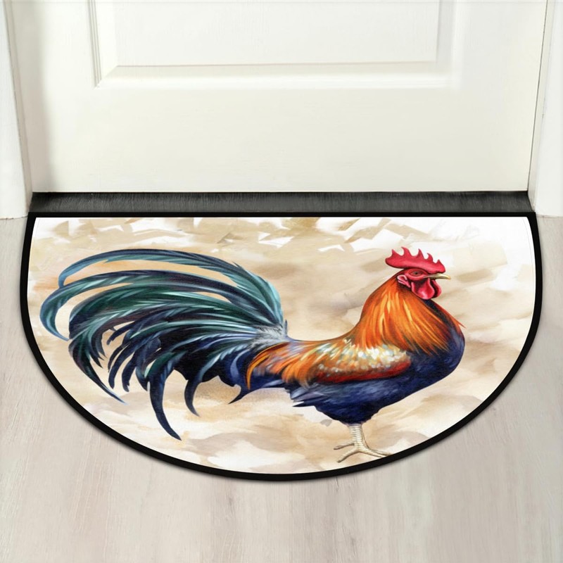 Aglebo Half Round Door Mat Cute Rooster Non-Slip Absorbent Welcome