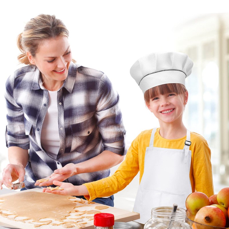 White Kids Apron and Chef Hat Set, Children Aprons for