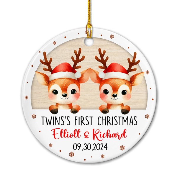 Personalized Baby Twins' Ceramic Ornament, Baby Deer Twins' First Christmas