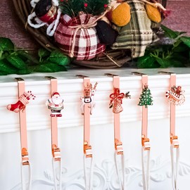 JEKOSEN Christmas Stocking Holder+Christmas Elements Brooch Set of 6 Hanger Hook Fireplace/Mantel Rose Gold Plating Hook Decoration (Rose Gold)
