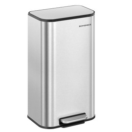 SONGMICS Kitchen Trash Can, 8-Gallon (30 L) Garbage Can with Lid, Stainless Steel, Soft Close and Stays Open, Inner Bucket, Wide Non-Slip Pedal, Metallic Silver ULTB546E01