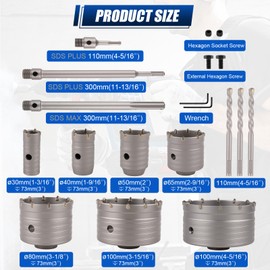 Luney 20PCS Concrete Hole Saw Kits, 30 40 50 65 80 100 110MM, Hole Saw Tool Set with 3 Core Drill Bits & SDS Plus & Max Shank for Concrete Cement Brick Stone Wall Drilling, Concrete Core Drill Bit Set