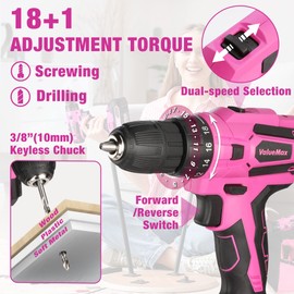 ValueMax Home Tool Kit with Cordless Lithium-ion Drill, 237-Piece Pink Tool Set, Power Tool Set with Wide Mouth Open Storage Bag, Basic Drill Sets Combo Kit for DIY and Daily Repair