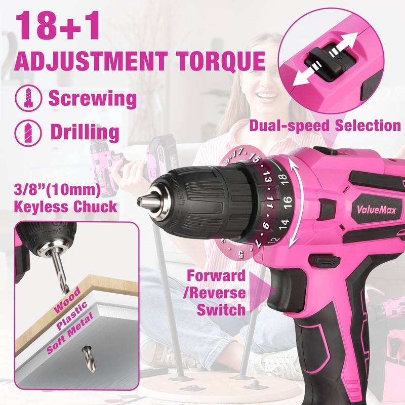 ValueMax Home Tool Kit with Cordless Lithium-ion Drill, 237-Piece Pink