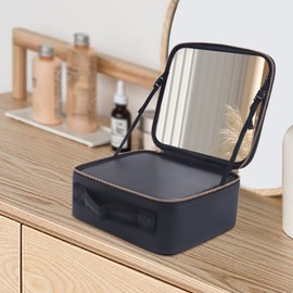 Large PU Travel Makeup Bag, Cosmetic Box Organizer, Portable Cosmetic Travel Case with Mirror and Adjustable Dividers for Beauty Tools Accessories (Black)