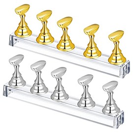 Yasmous 2 Sets Fingernail DIY Nail Art Stand, Magnetic Stuck Crystal Nail Art Holder, Training Fingernail Display Stands, Nail Art Practice Stands for False Nail Manicure Tool (Gold and Silver)