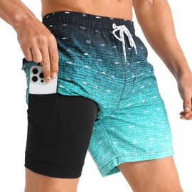 zeetoo Mens Swim Trunks 5.5 Inch with Compression Liner 2 in 1,Quick-Dry Stretch Bathing Suit Shorts with Breathable Mesh Pockets for Beach & Swimming Fish-Gradient-Green M