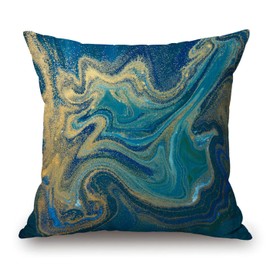Paint Blue Green and Gold Liquid Marbling Ink Marble Abstract Pattern Aqua Nature Stone Turquoise Water Throw Pillow Case 18 x 18 Inch Decorative Cotton Linen Cushion Cover for Sofa Couch Bed