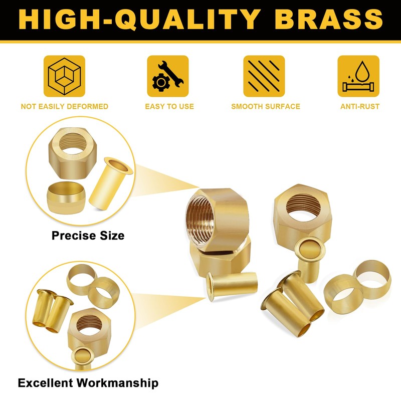 Siptenk 180PCS 1/4" Brass Compression Fittings Sleeves Ferrules Inserts Nuts
