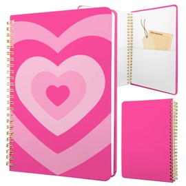 Stanoha Cute Spiral Notebook journal A5 Aesthetic Pretty Floral Design for Women Girls Kawaii with Pocket, 8.5 x 5.7 inch, Pink Heart
