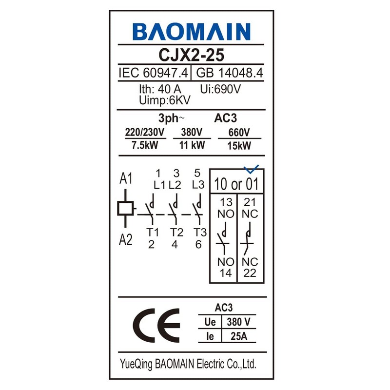Baomain AC Contactor with Interlock CJX2-2501 110VAC 40A 6KV 50/60Hz