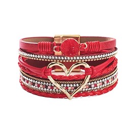 KunBead Red Multilayer Leather Wrap Bracelet for Women Heart Charm Sparkling Colorful Braided Wristbands Bracelets