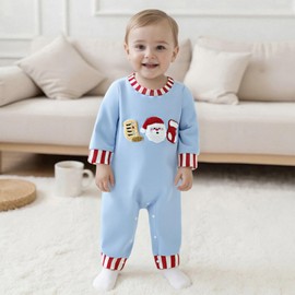 Baby Boy Christmas Newborn Outfit Long Sleeve Crewneck Romper Fuzzy Socks Embroidery Jumpsuit Fall Winter Outfit (Blue, 0-3 Months)