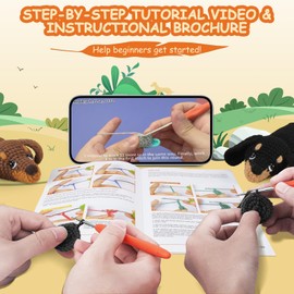 Crochet Kit for Beginners - 2 PCS Dachshund Crochet Kit with Step-by-Step Video Tutorials, Beginner Crochet Kit for Adults, Crochet Animal Kit for Kids, Dog Crocheting Set (Brown & Black)