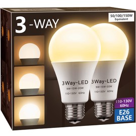 Briignite 3 Way LED Light Bulbs 50 100 150W Equivalent, 3 Way Light Bulbs, Three Way A21 E26 Medium Base, Soft White 3000K, 800lm-1400lm-2000lm, 2 Pack