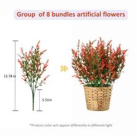 SHAIQGB Artificial Flowers for Outdoor Fall Autumn Decoration, 8 Bundles Lavender Flower Orange red Color, Look Real UV Resistant for Outside Home Porch Patio Planter