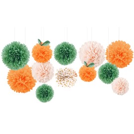 NicroHome Little Cutie Baby Shower Decorations, Pack of 12 Bright Orange Green Fabric Paper Pom Pom for Party Decorations, Birthday, Spring Summer Party, Fruit Theme Parties
