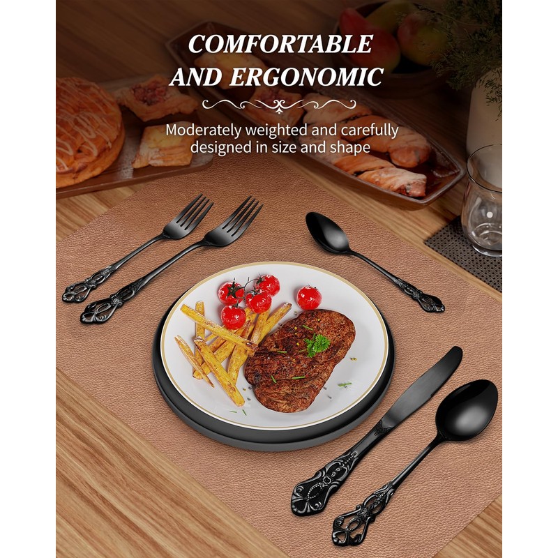 Aswwid 48 Pieces Black Silverware Set for 8, Retro Royal