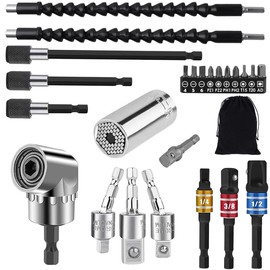 Flexible Drill Bit Extension and Universal Socket Wrench Tool Set, Hex Shank 105° Right Angle Drill Attachmen, 1/4 3/8 1/2" Universal Socket Adapter Set, Drill Bit Holder Screwdriver Bit Kit