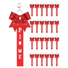 Landical 24 Pcs Cheer Pin Me Ribbon Cheerleader Ribbon Keychain with Rhinestones Bow for Cheerleader Bag Backpack (Red)