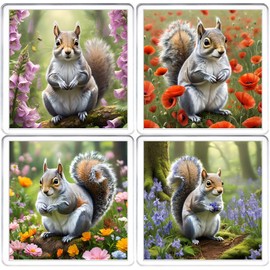 Grey Squirrel Coaster Set. 4 different Squirrel Pictures on 10cm x 10cm Acrylic Coasters. Boxed Coaster Drip Mat Set. Squirrel Gift Coaster Set
