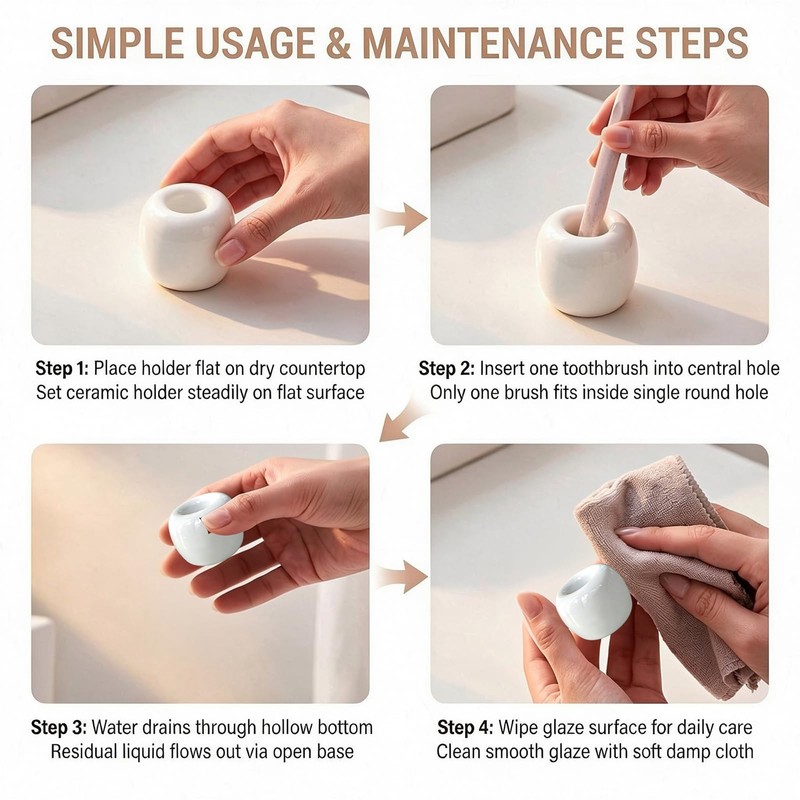 2 Pcs Mini Round Ceramic Toothbrush Holder (White+Black)