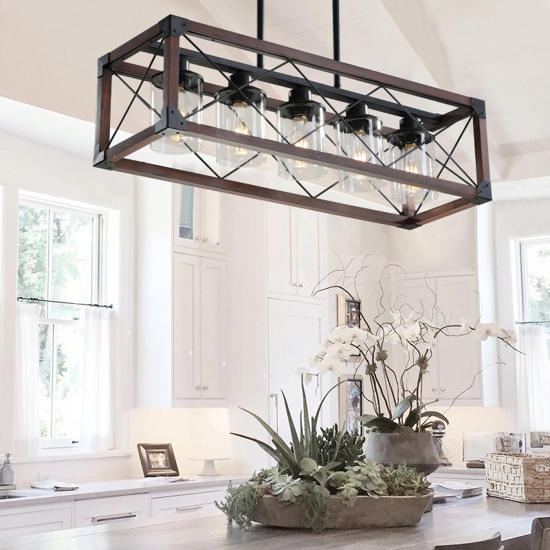 Ship From USA,32" Red Wood Industrial Farmhouse Rectangle Pendant Light,