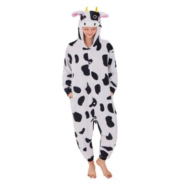 NEWCOSPLAY Animal Onesie Costume Adult Pajamas Plush One Piece Cosplay Costume(Cow,Small)