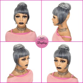 VAVANGA Grey Bun & Bang Updo Hair Bun with Bangs 2 Piece Set Synthetic Salt and Pepper Ponytail Hair Piece for Black Women