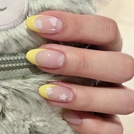 BABALAL French Tip Press on Nails Medium Almond Fake Nails Yellow Glue on Nails Star Heart Pattern Design Acrylic Nails 24Pcs Cute Stiletto Manicure Stick on Nails for Women and Girls