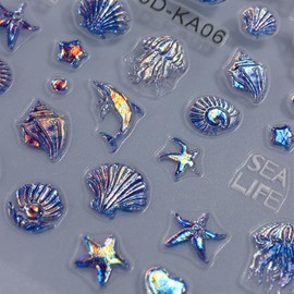 5D Embossed Ocean Nail Art Stickers Self-Adhesive Starfish Nail Decals Cute Shell Nails Design Blue Summer Beach Nails Supplies Jellyfish Sticker Dolphin Decor for Women Manicure DIY