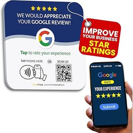 Tap Google Review Plate by TapFive - Tap for Instant Reviews - All Phones Compatible - Reusable Smart Tap NFC & QR - 4"x 4" - DigiFeel & Zappy Fast - Mount Anywhere 3M Adhesive (1 Plate)
