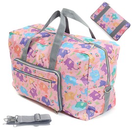Arxus Large Foldable Duffel Tote Carry on Weekend Overnight Travel Bag Over Luggage with Shoulder Strap (Pink Elephant)