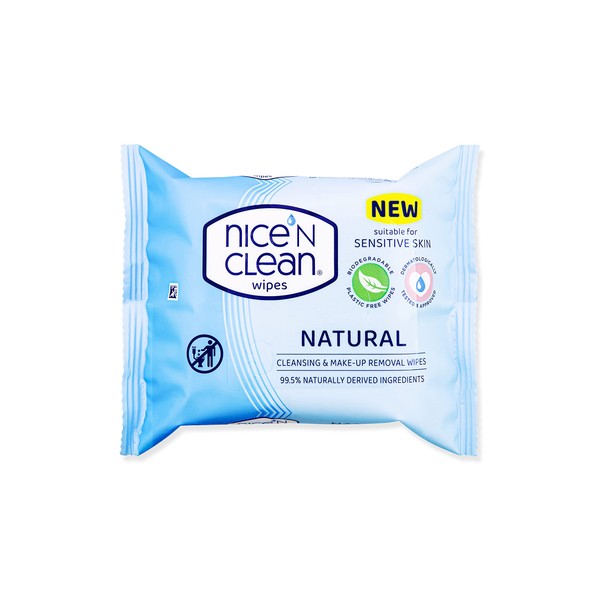 Nice 'N CLEAN Natural Cleansing & Make Up Removal Wipes Leaving Skin Fresh and Clean, Suitable for Sensitive Skin, Biodegradable, Plastic Free Face Wipes, 25 x Wipes