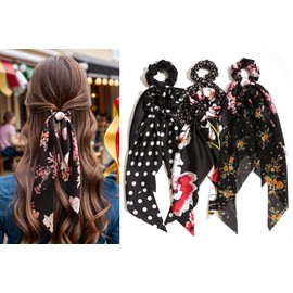 Bow Scrunchies for Women – Hair Scarf Scrunchy & Ribbon Hair Ties | Elegant Scrunchie with Bow | Soft Hair Ribbons (6-Pack, Assorted Colors) (Blak Pack)