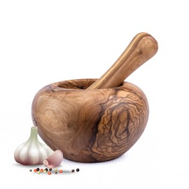 Mortar with Pestle Made of Olive Wood, Herb Mortar, Handmade with Natural Rim, Kitchen Mortar, Wooden Mortar - Sustainable Herb and Spice Mortar (Diameter 12 cm)