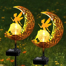 YJFWAL - Paquete de 2 luces solares de jardín, luces de estaca, luna, hada, globo de vidrio con decoración de ángel, luces decorativas al aire última intervensión, impermeables para pasarela, patio,