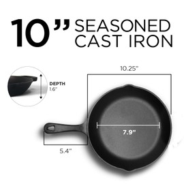 COMMERCIAL CHEF 10 Inch Cast Iron Skillet, Pre-Seasoned Cast Iron Pan with Dual Pour Spouts