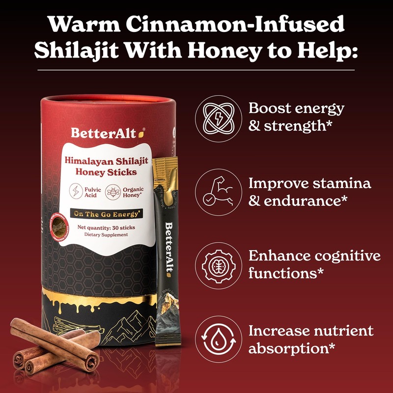 Better Alt Pure Himalayan Shilajit Cinnamon Honey Sticks with Organic