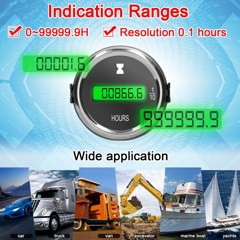 52mm Hour Meter Gauge LED Digital Car Timer 12/24V for