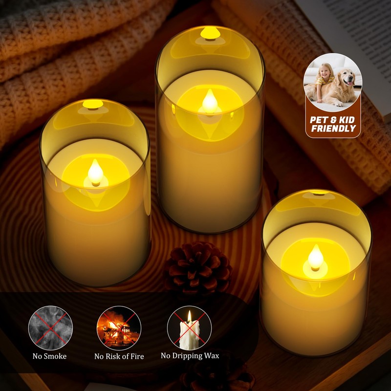 PChero Rechargeable Flameless Pillar Candles with Magnetic Base, 3 Pack