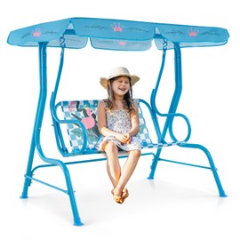 Fireflowery Kids Patio Swing, 2-Seater Outdoor Hanging Swing Bench w/Removable Canopy & Safety Belt, Porch Swing Lounge for Patio Garden Balcony Yard