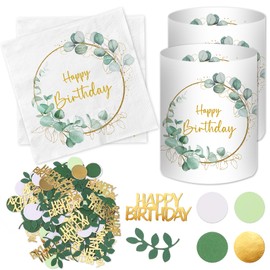 Pack of 20 Napkins Happy Birthday + 12 Pieces Lantern Table Decoration Birthday + 100 Pieces Confetti Birthday Decoration Green Birthday Decoration Woman Man Girl Boy Children Eucalyptus Table