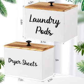 Dandat 2 Pcs Wood Laundry Dryer Sheet Holder Rustic Laundry Pod Container with Lid 8.7 x 6.3 x 6.4 Inch Laundry Pod Holder 7.3 x 3.7 x 5 Inch Dryer Sheet Dispenser Laundry Wooden Box Container (White)