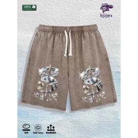 US Local Warehouse: 100% Cotton Washed Shorts, Dollar Sign Graphic Print, 4 ColorsColor: Brown, Size: L