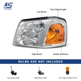 AS Headlight Assembly for 2002 2003 2004 2005 2006 2007 2008 2009 Gmc Envoy Clear Lens Chrome Housing with Amber Reflector Headlamp Replacement Pair Driver and Passenger Side